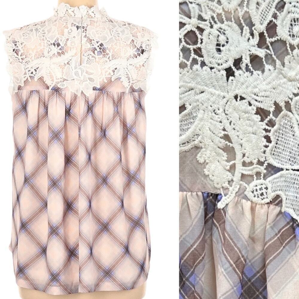 Ann Taylor LOFT Women Blue Short Sleeve plaid Lace Blouse S like new